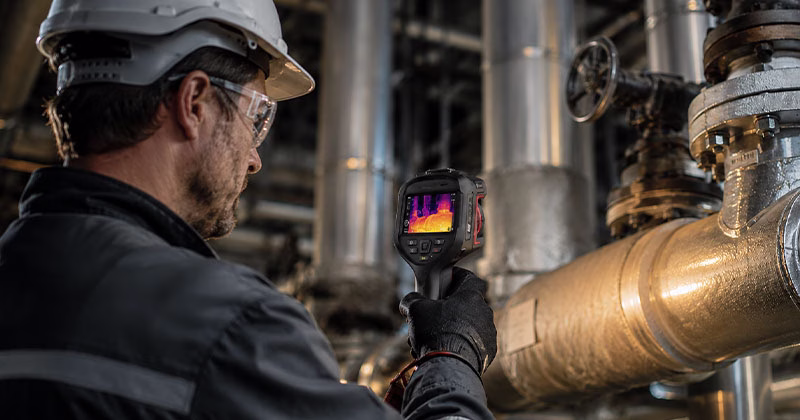 Trabalhador com capacete utiliza câmeras termográficas para inspecionar tubulações industriais, identificando variações de temperatura e prevenindo falhas operacionais críticas.
