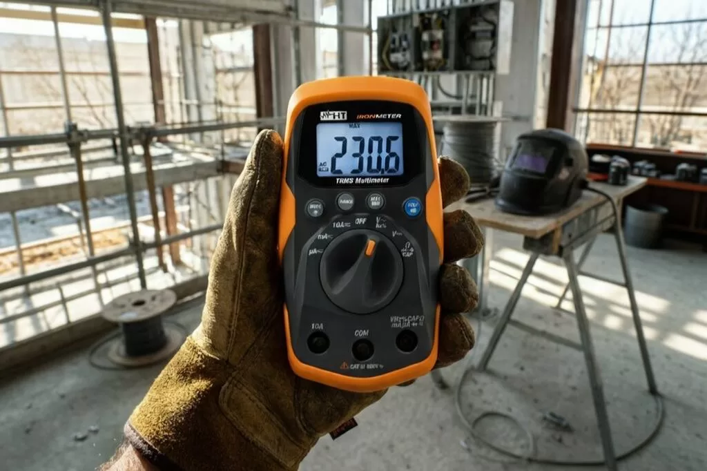 Técnico eletricista com capacete e multímetro medindo painel, destacando segurança, fios coloridos e importância da potência elétrica precisa.